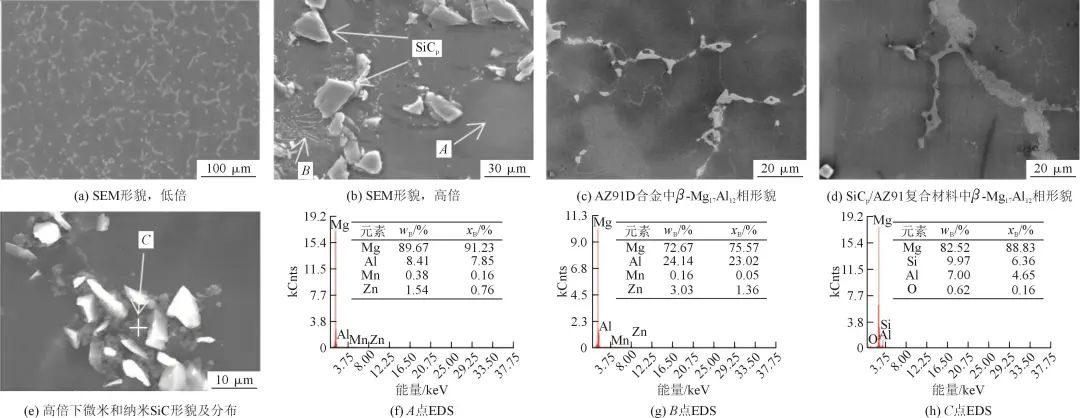 雙尺寸SiCp/AZ91復(fù)合材料的SEM顯微照片及成分分析 雙尺寸SiCp/AZ91復(fù)合材料的SEM顯微照片及成分分析